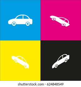 Car sign illustration. Vector. White icon with isometric projections on cyan, magenta, yellow and black backgrounds.