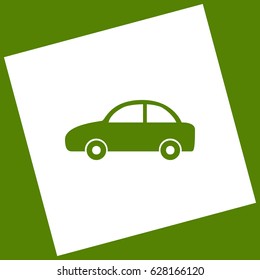 Car sign illustration. Vector. White icon obtained as a result of subtraction rotated square and path. Avocado background.