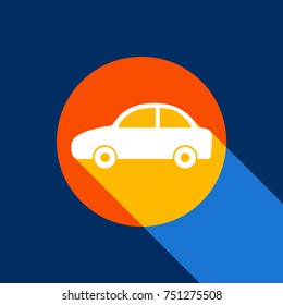 Car sign illustration. Vector. White icon on tangelo circle with infinite shadow of light at cool black background. Selective yellow and bright navy blue are produced.
