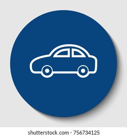 Car sign illustration. Vector. White contour icon in dark cerulean circle at white background. Isolated.