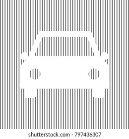 Car sign illustration. Vector. White icon on grayish striped background. Optical illusion.