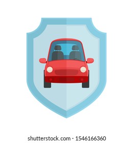 Car sign on the shield. Car protection, accident insurance, security alarm system. Reliable auto repair shop. Vector illustration, flat design cartoon style. Isolated on white background.