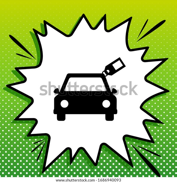 Car sign with\
tag. Black Icon on white popart Splash at green background with\
white spots. Illustration.