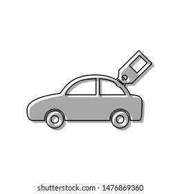 Car sign with tag. Black line icon with gray shifted flat filled icon on white background. Illustration.