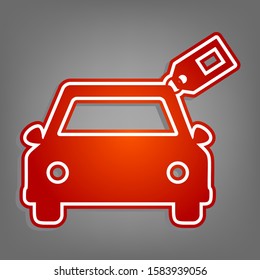 Car sign with tag. Flat red icon with linear white icon with gray shadow at grayish background. Illustration.