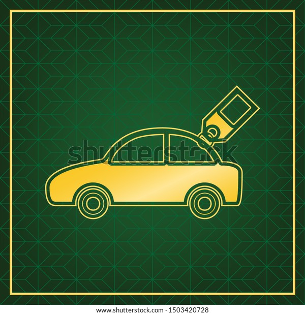 Car sign with tag. Golden icon\
with gold contour at dark green gridded background.\
Illustration.