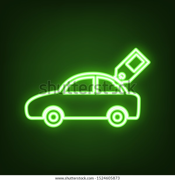 Car sign with tag. Green neon icon in the\
dark. Blurred lightening.\
Illustration.