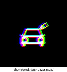 Car sign with tag. Red, green and blue unfocused contour icon at black background. Illustration.