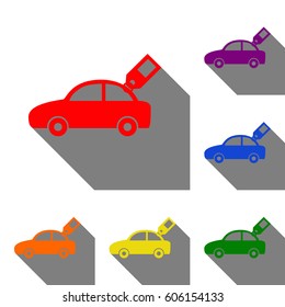 Car sign with tag. Set of red, orange, yellow, green, blue and violet icons at white background with flat shadow.