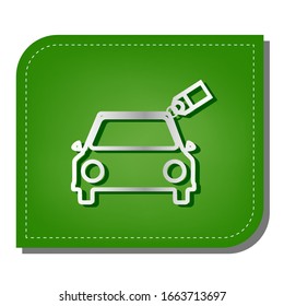 Car sign with tag. Silver gradient line icon with dark green shadow at ecological patched green leaf. Illustration.