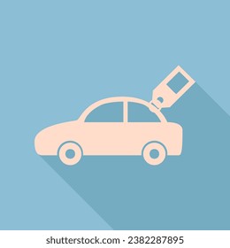 Car sign with tag. Unbleached silk Icon with very long shadow at dark sky blue background. Illustration.