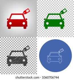Car sign with tag. Vector. 4 styles. Red gradient in radial lighted background, green flat and gray scribble icons on transparent and linear one in blue circle.