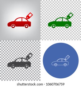 Car sign with tag. Vector. 4 styles. Red gradient in radial lighted background, green flat and gray scribble icons on transparent and linear one in blue circle.