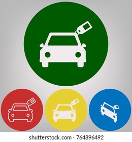 Car sign with tag. Vector. 4 white styles of icon at 4 colored circles on light gray background.