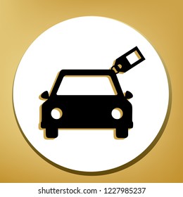 Car sign with tag. Vector. Black icon with light brown shadow in white circle with shaped ring at golden background.