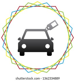 Car sign with tag. Vector. Black icon with patch of light inside colorful hexagonal frames at white background.
