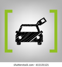 Car sign with tag. Vector. Black scribble icon in citron brackets on grayish background.
