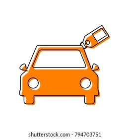 Car sign with tag. Vector. Black line icon with shifted flat orange filled icon on white background. Isolated.