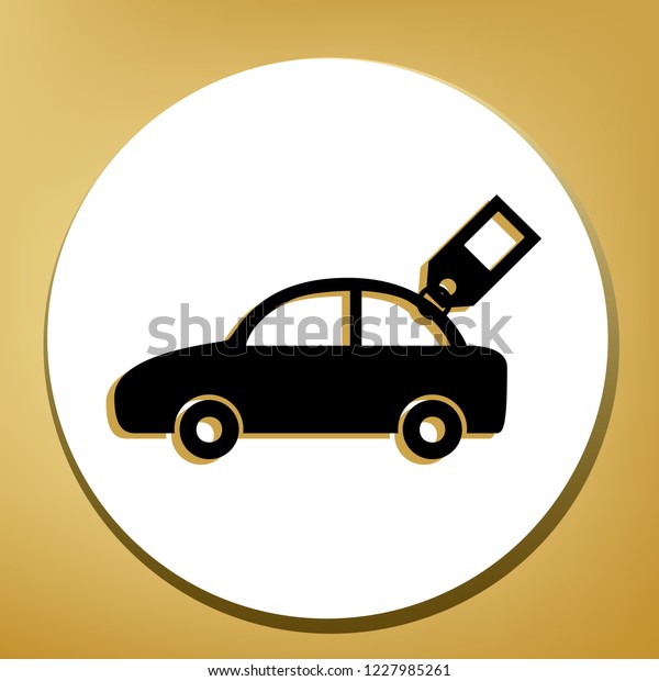Car sign\
with tag. Vector. Black icon with light brown shadow in white\
circle with shaped ring at golden\
background.