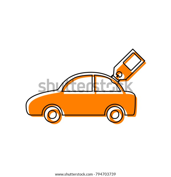 Car sign with\
tag. Vector. Black line icon with shifted flat orange filled icon\
on white background.\
Isolated.