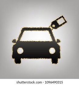 Car sign with tag. Vector. Blackish icon with golden stars at grayish background.