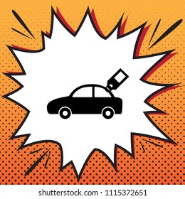 Car sign with tag. Vector. Comics style icon on pop-art background.