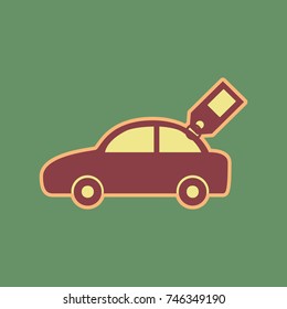 Car sign with tag. Vector. Cordovan icon and mellow apricot halo with light khaki filled space at russian green background.