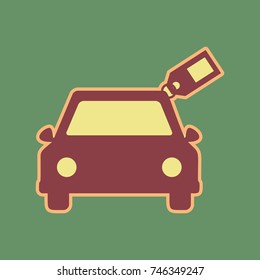Car sign with tag. Vector. Cordovan icon and mellow apricot halo with light khaki filled space at russian green background.