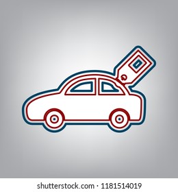 Car sign with tag. Vector. Dark red, transparent and midnight green stroke of white icon at grayish background.