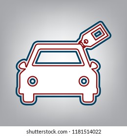 Car sign with tag. Vector. Dark red, transparent and midnight green stroke of white icon at grayish background.
