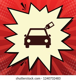 Car sign with tag. Vector. Dark red icon in lemon chiffon shutter bubble at red popart background with rays.