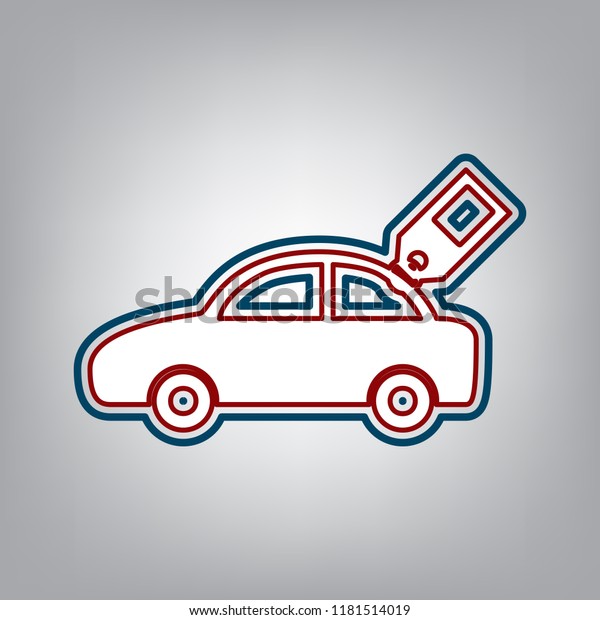 Car sign with\
tag. Vector. Dark red, transparent and midnight green stroke of\
white icon at grayish\
background.