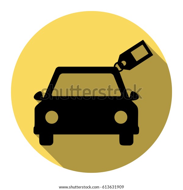 Car sign\
with tag. Vector. Flat black icon with flat shadow on royal yellow\
circle with white background.\
Isolated.