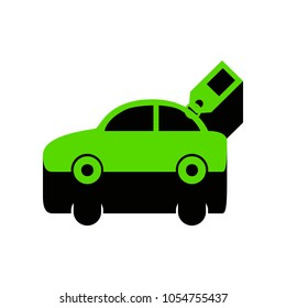 Car sign with tag. Vector. Green 3d icon with black side on white background. Isolated.