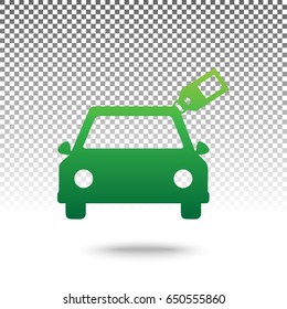 Car sign with tag. Vector. Green gradient icon with shadow at bottom on transparent and white background.