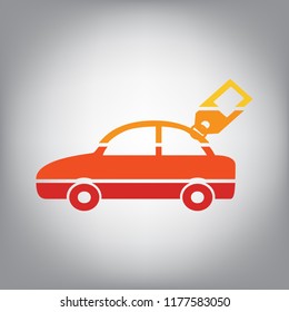 Car sign with tag. Vector. Horizontally sliced icon with colors from sunny gradient in gray background.