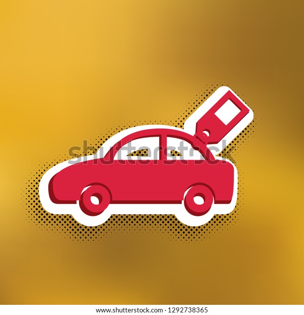Car\
sign with tag. Vector. Magenta icon with darker shadow, white\
sticker and black popart shadow on golden\
background.
