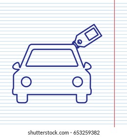Car sign with tag. Vector. Navy line icon on notebook paper as background with red line for field.
