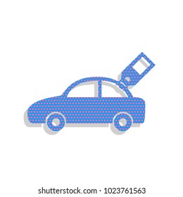 Car sign with tag. Vector. Neon blue icon with cyclamen polka dots pattern with light gray shadow on white background. Isolated.