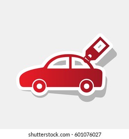 Car sign with tag. Vector. New year reddish icon with outside stroke and gray shadow on light gray background.