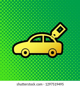 Car sign with tag. Vector. Pop art orange to yellow dots-gradient icon with black contour at greenish background.