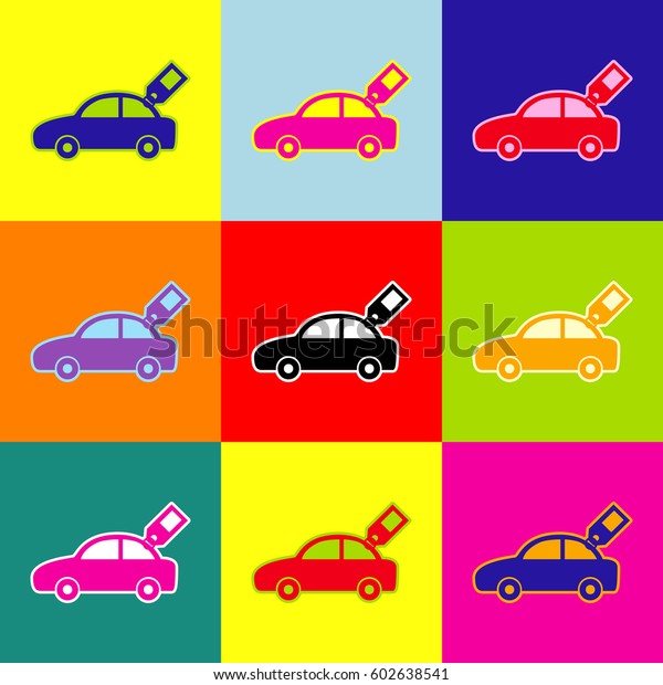 Car sign with tag. Vector. Pop-art style colorful\
icons set with 3 colors.