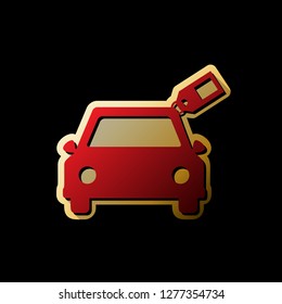 Car sign with tag. Vector. Red icon with small black and limitless shadows at golden sticker on black background.