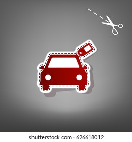Car sign with tag. Vector. Red icon with for applique from paper with shadow on gray background with scissors.