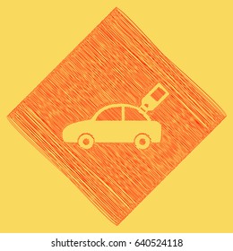 Car sign with tag. Vector. Red scribble icon obtained as a result of subtraction rhomb and path. Royal yellow background.