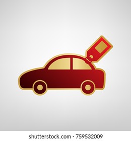 Car sign with tag. Vector. Red icon on gold sticker at light gray background.