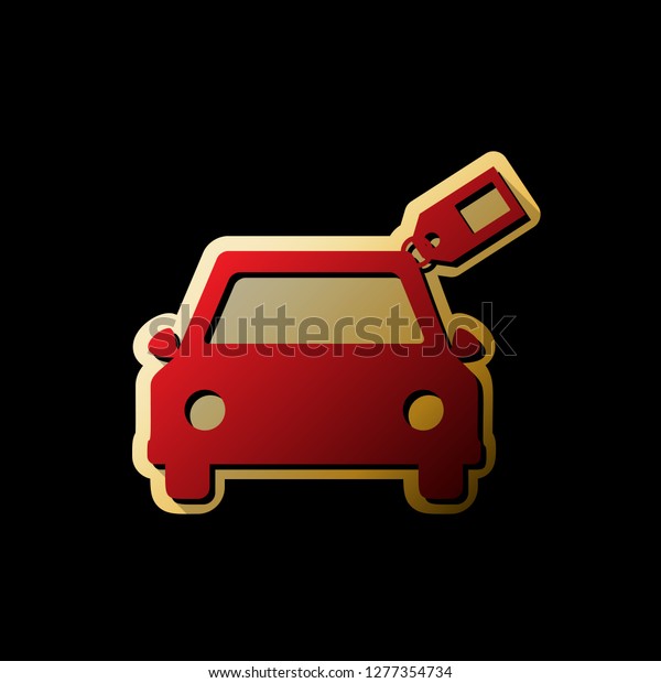 Car sign\
with tag. Vector. Red icon with small black and limitless shadows\
at golden sticker on black\
background.