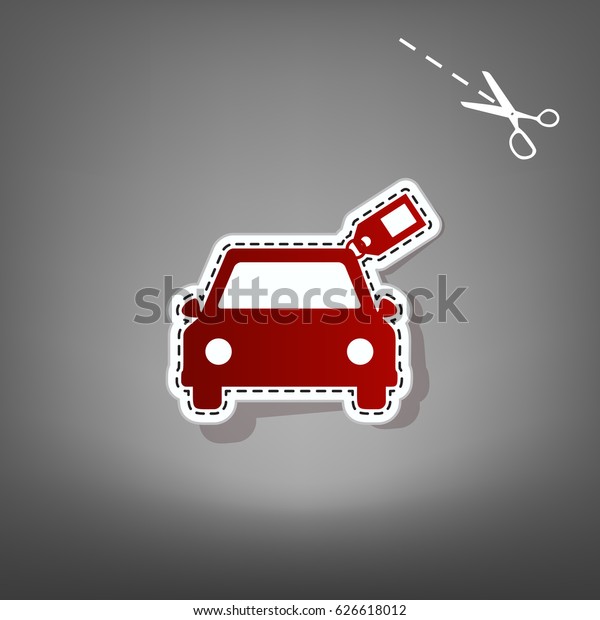 Car sign with\
tag. Vector. Red icon with for applique from paper with shadow on\
gray background with\
scissors.
