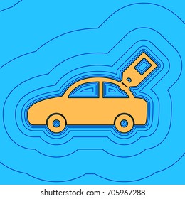 Car sign with tag. Vector. Sand color icon with black contour and equidistant blue contours like field at sky blue background. Like waves on map - island in ocean or sea.