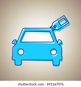 Car sign with tag. Vector. Sky blue icon with defected blue contour on beige background.